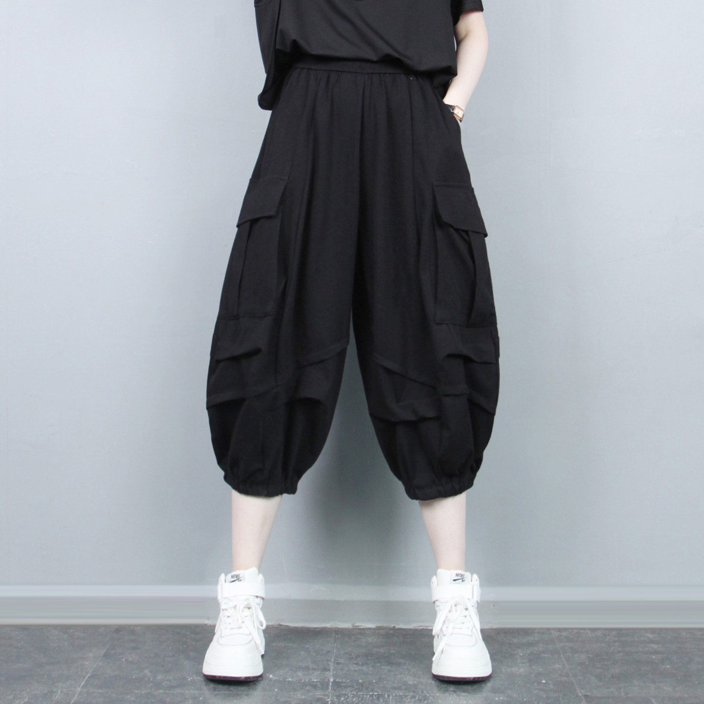 大口袋工装裤女七分休闲裤2026年夏季薄款灯笼裤五分裤宽松哈伦裤