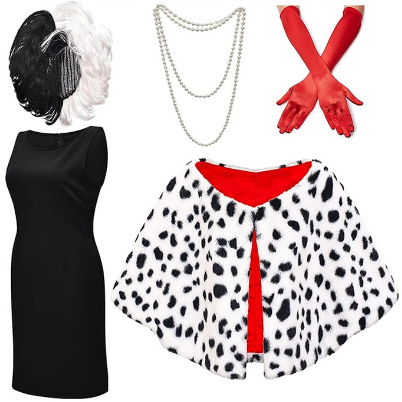 万圣节黑白魔女cos库伊拉披肩斗篷斑点狗披风假发手套项链派对服