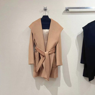 Rialto连帽max大衣水波纹骆-驼绵羊毛呢绒宅女款家小个子短款外套