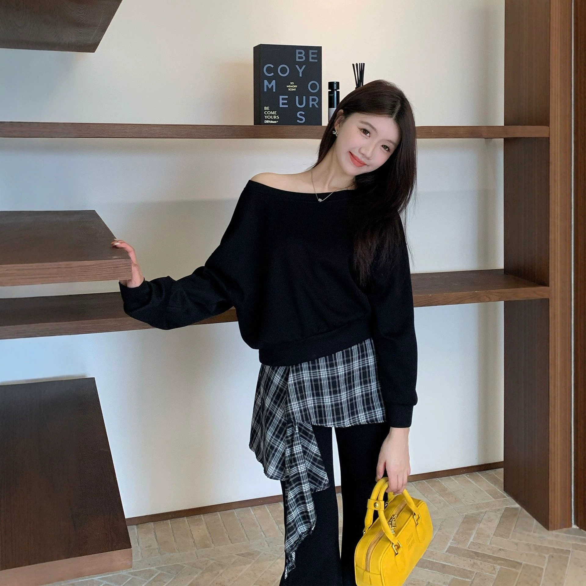 美拉德甜美穿搭一整套女秋冬新款假两件卫衣+微喇阔腿裤两件套装