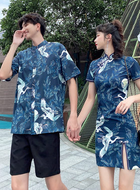 特别的情侣装夏装衬衫立领流行中国风仙鹤衬衣短袖开衩旗袍连衣裙