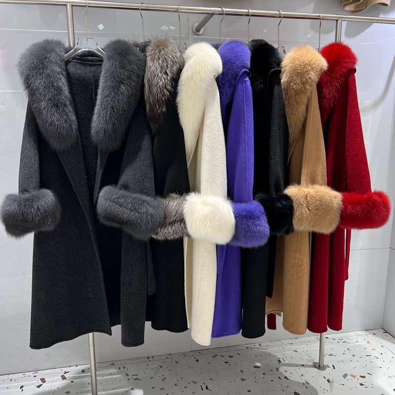 秋冬新款名媛贵妇大狐狸毛领双面羊绒大衣长款高端大衣皮草外套女