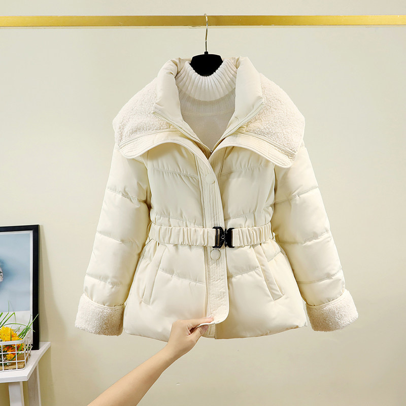羽绒棉服女2025冬新款羊羔毛大翻领收腰显瘦棉衣加厚保暖棉袄外套