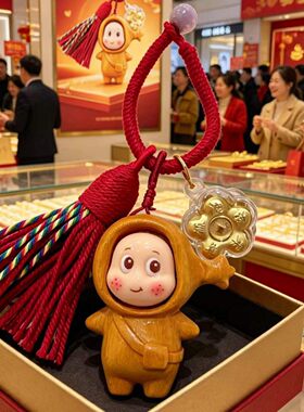 足金999旋转可爱星星人网红爆款卡通钥匙扣木质工艺品活动礼物批