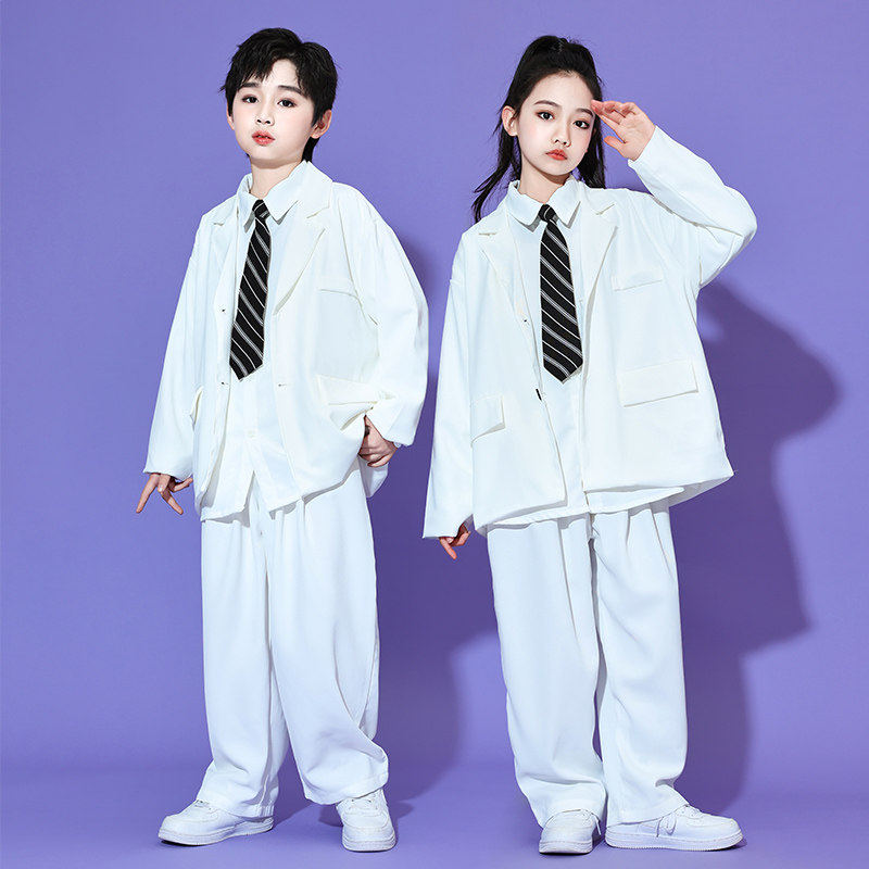 女童hiphop走秀服装酷演出服儿童潮服男童架子鼓白色西装套装街舞