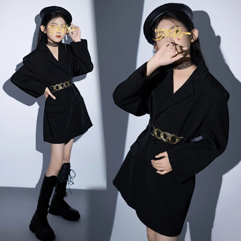 女童舞台走秀潮服少儿模特T台大赛演出服表演儿童西装加长裙酷飒