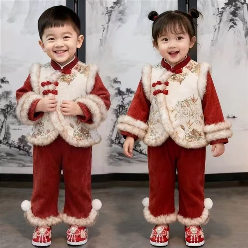 秋冬季服套装2025新款拜年汉服衣服唐装女宝国风儿童加绒女童喜庆
