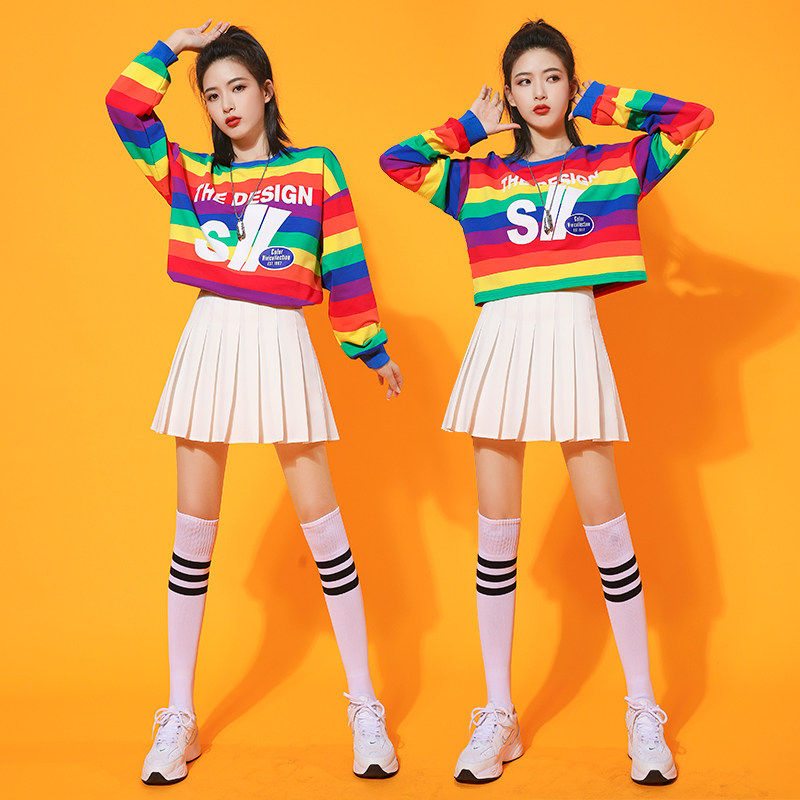 拉拉队服装女团彩虹上衣百褶裙套装足球宝贝啦啦操爵士舞蹈演出服
