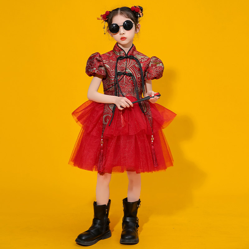 国潮女童旗袍红色演出服中式儿童模特走秀战袍2025年新款国风潮服