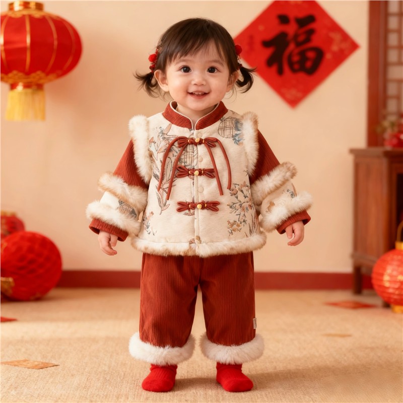 拜年抓周冬装女宝中式小女孩服生日衣服唐装礼服国风周岁过年婴儿
