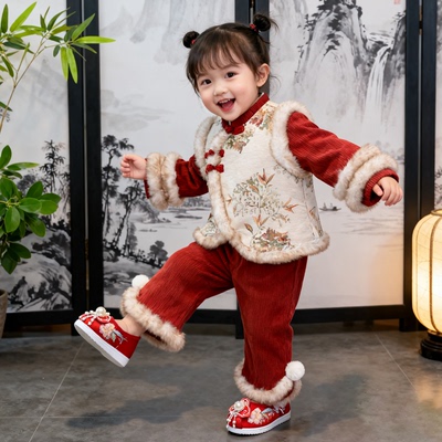 汉服宝宝周岁女童冬装套装小童女服国风秋冬2025礼服新款拜年新年