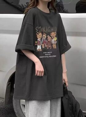 2026新款夏季深灰色纯棉高街ins国潮牌美式短袖T恤女重磅宽松上衣