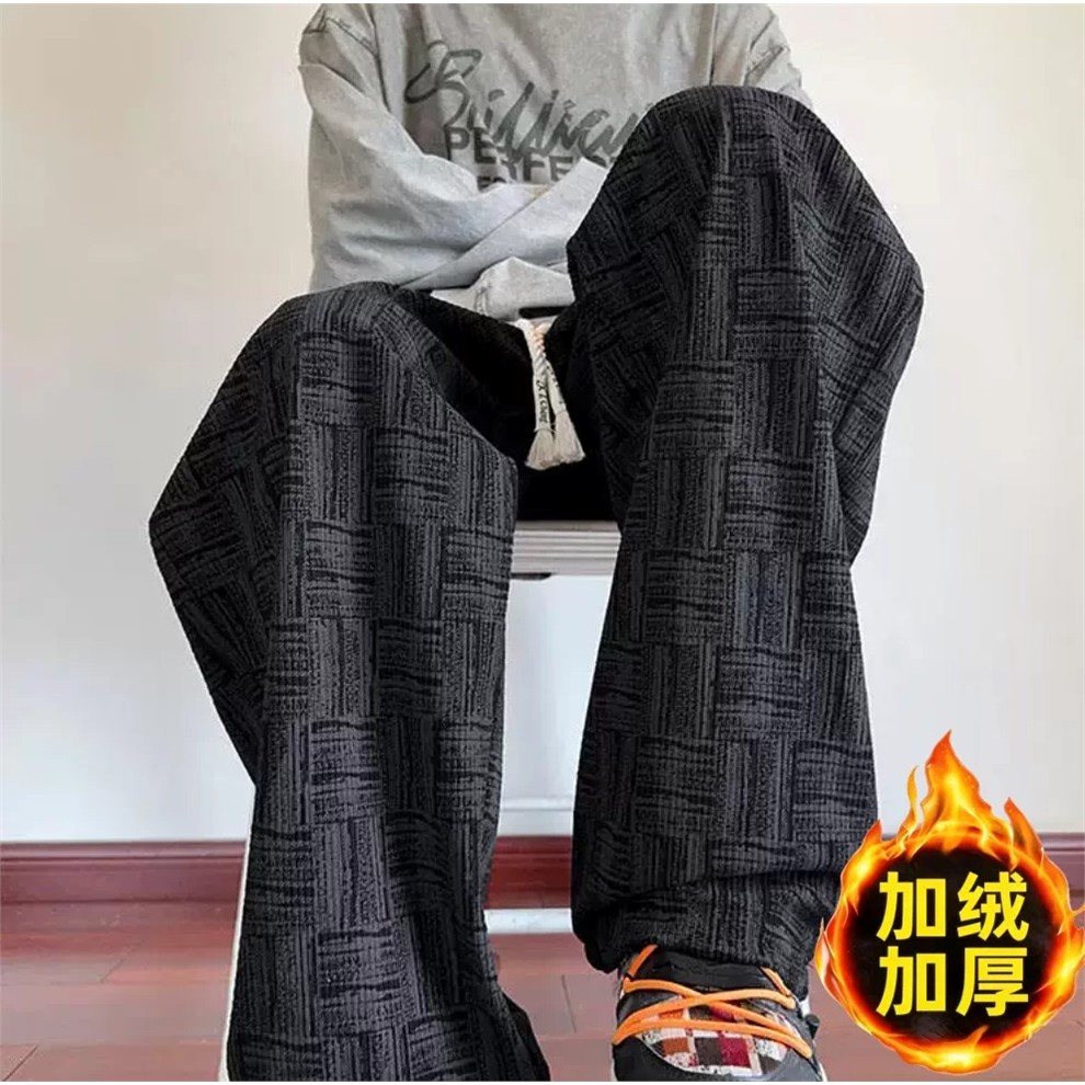 秋冬季加绒灯芯绒裤子男美式高街潮牌扎染直筒运动潮男条纹长裤潮