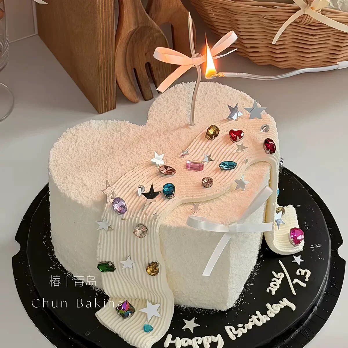 网红ins爱心宝石蛋糕装饰品摆件彩色水晶钻石情侣纪念日生日装扮