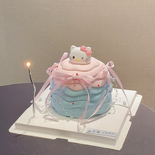 可爱粉色猫头蛋糕装饰摆件网红卡通凯蒂猫蝴蝶结蜡烛生日插件