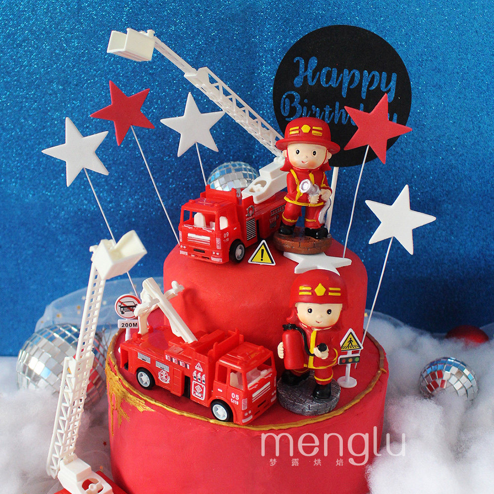 烈火英雄消防员蛋糕装饰卡通树脂蛋糕摆件儿童英雄梦想家生日装扮