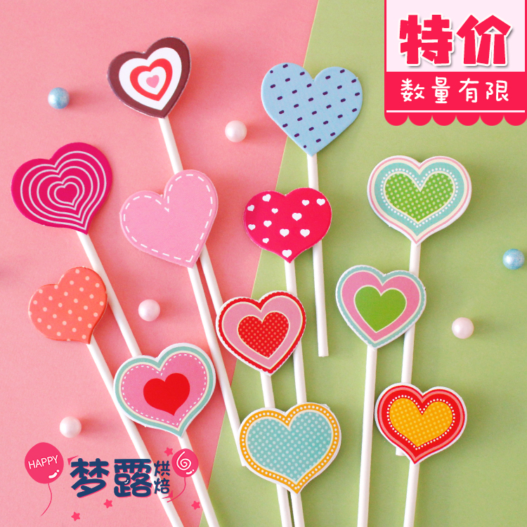 六支装爱心生日蛋糕插旗糖果色棒棒糖小桃心儿童派对甜品台布置
