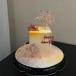2025跨年新年快乐双层花火亚克力蛋糕装 饰插件钻粉新年祝福语插旗
