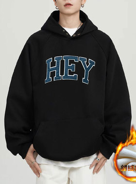 重磅400g美式潮牌hey印花连帽卫衣男女秋冬加绒加厚宽松休闲外套