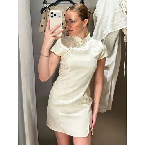 Women's Dresses Beige Satin Jacquard Qipao Mini Dress 2026 S