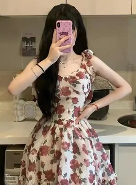 Romantic Red Tea Rose Floral Print Mini Dress Women's Sleeve