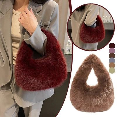 Winter Shoulder Bags Casual Furry for Women Solid Color Soft