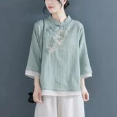 Button Loose Embroidered Retro Cotton Linen Sleeveless Shirt