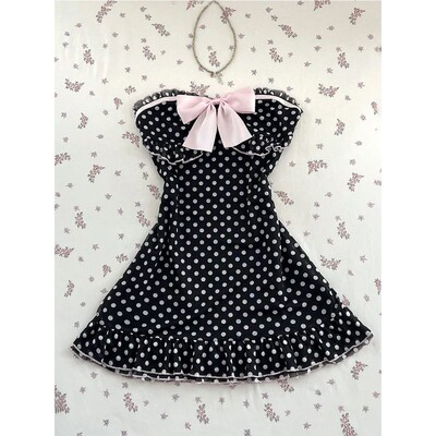 Women's black polka dot babydoll dress with pink bow heart-s