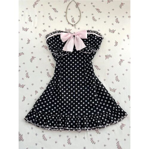 Women's black polka dot babydoll dress with pink bow heart-s