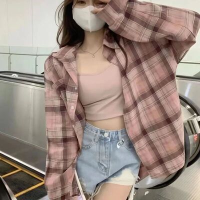 Xpqbb Pink Plaid Blouses for Women Korean Fashion Long Sleev