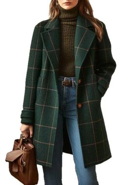 Winter Plaid Wool rench Coat Single-Breasted Mid-Length Notc