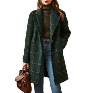 Winter Plaid Wool rench Coat Single-Breasted Mid-Length Notc