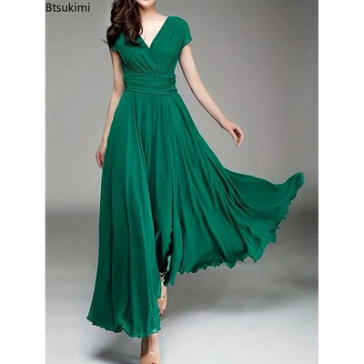 2026 Women's V Neck Short Sleeve Evening Party Dress Tempera