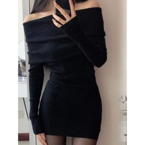 Off Shoulder Slim Waist Tunic Solid Dresses Slash Neck Long