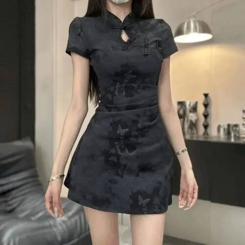 New Chinese Vintage Button up Dress with Waist-cinching Wome