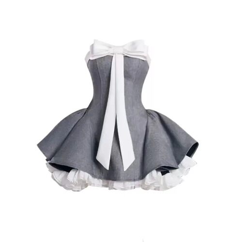 Summer French Vintage Slim Mini Dress Women Strapless Bow La