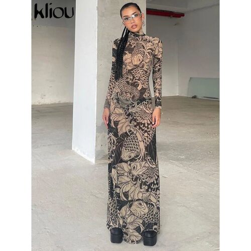 Kliou Mesh Vintage Print Maxi Dress Women Sexy Sheer Long Sl