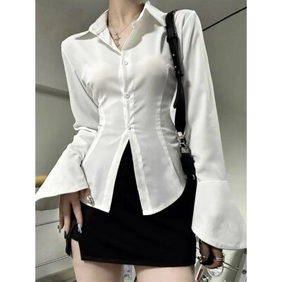 Sexy Slim Flared Sleeve Women's Shirt Solid Lapel Single-bre