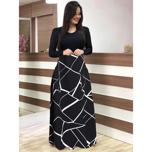 Elegant Black White Simple Print Mid-Sretch Dress Stylish El