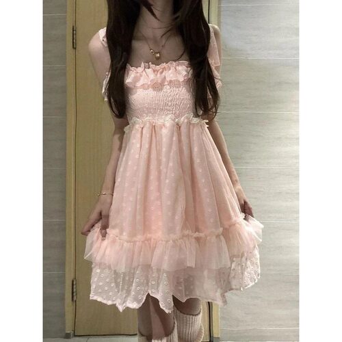 Summer New France Sweet Elegant Girl Pink Polka Dot Dress Wo