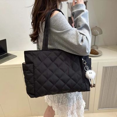 Fashionable Quilted Tote Bag with Cute Plush Bag Decoration,