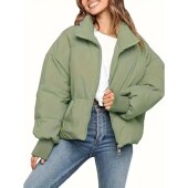 Oversized Zip Cropped Jacket Thickened Green Puffer Army