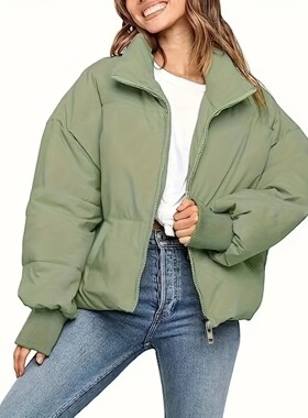 Thickened Oversized Cropped Puffer Jacket, Army Green Zip-Up