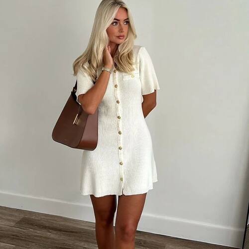 White Elegant Knitted Mini Dress For Women Metal Button Sexy