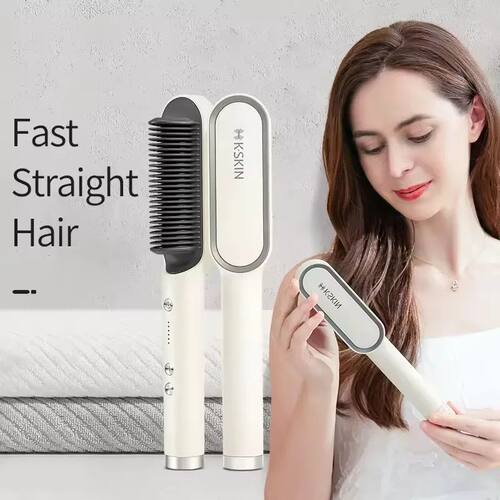 Portable 2In1 Hair Straightener Brush Hot Comb Ionic Straigh