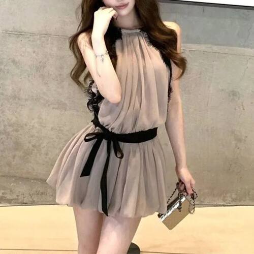 Women's Beige Sleeveless Chiffon Dress Ruffle Lace Contrast