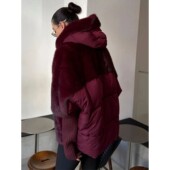 Jack Patchwork Women Faux Hooded Coats Burgundy Cotton Fur