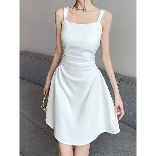 Women Classic Black White Suspender Dress Elegant Lady Daily