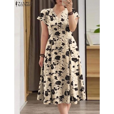 Women Elegant OL Work Floral Mid-calf Sundress ZANZEA Fashio