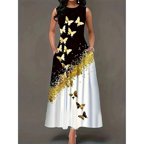 Summer butterfly print camisole dress with pocket round neck